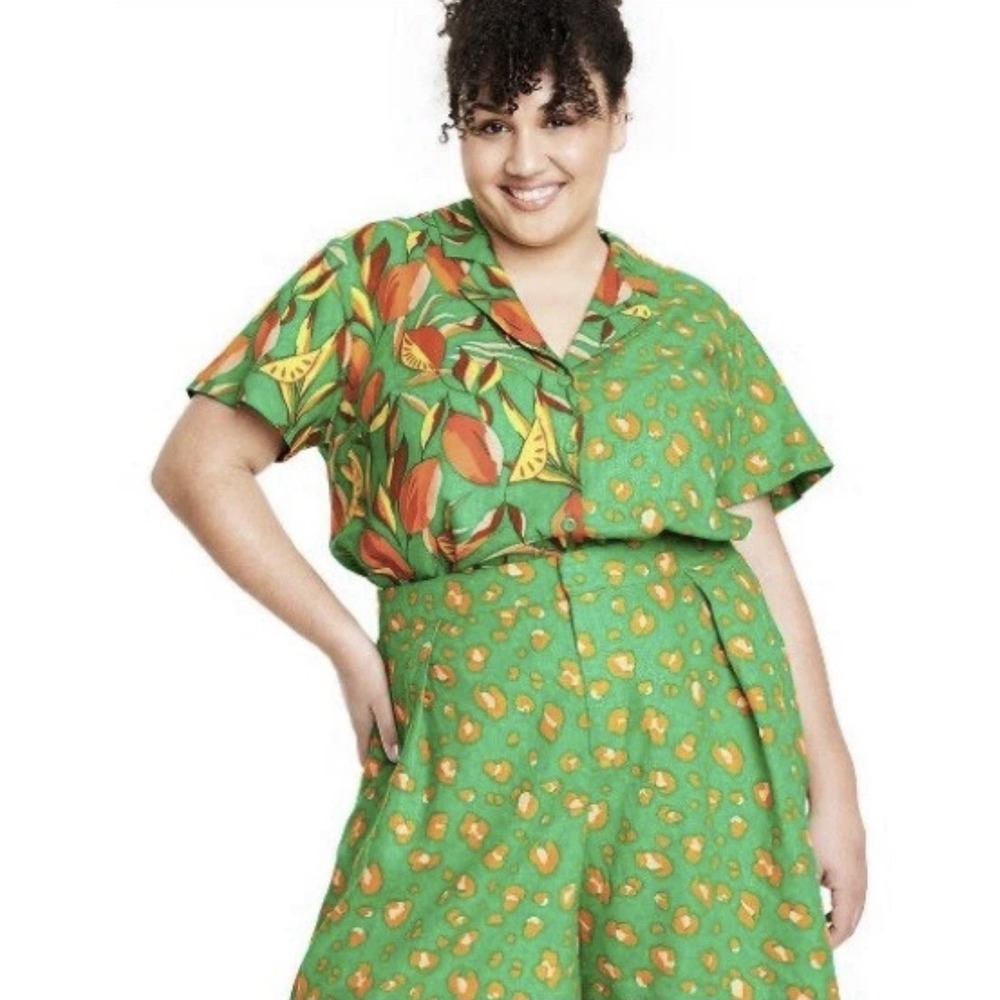 Tabitha‎ Brown x Target Linen Leopard Print Shorts & Top Set Green/Orange Sz M